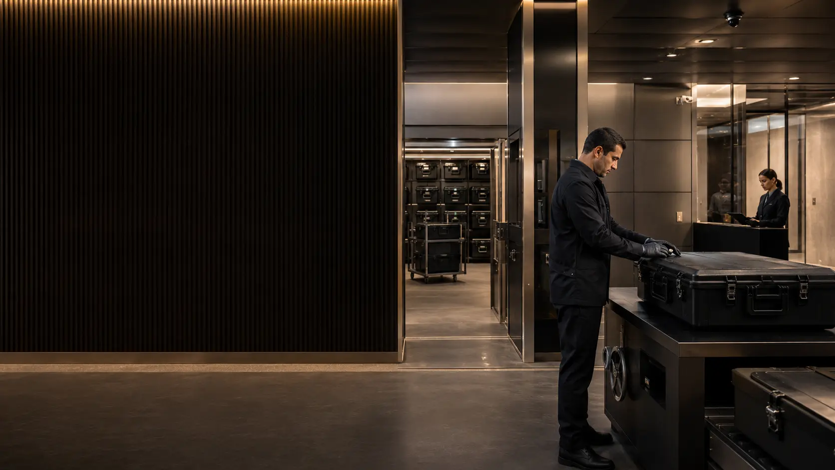 A uniformed logistics professional handling sealed security cases inside a controlled vault facility